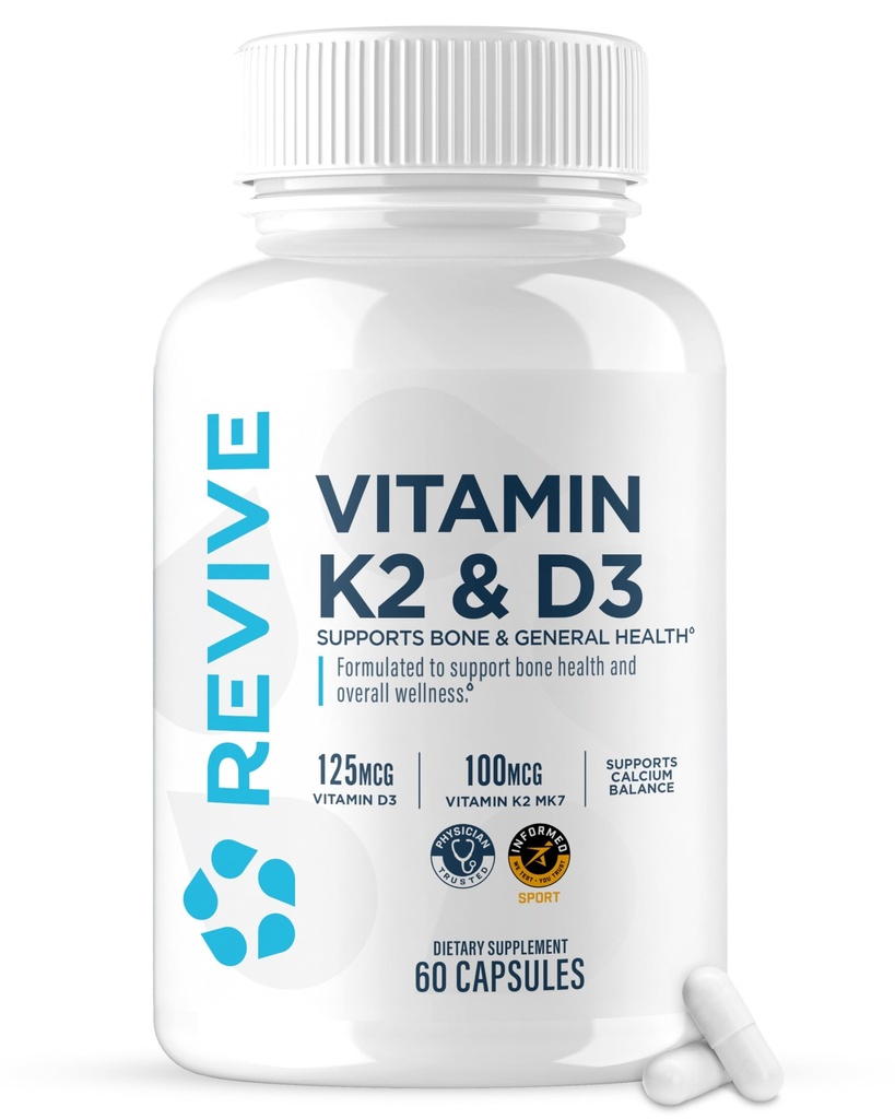 REVIVE MD Vitamina D3 &amp; K2 - Soportes Bone Health &amp; Muscle Strength - K2 &amp; D3 Vitamin Supplement for Women &amp; Men Health &amp; Brain Function