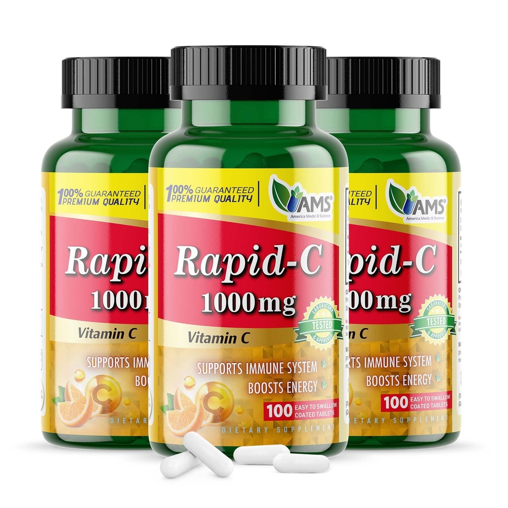 America Medic &amp; Science Rapid-C 1000mg Vitamina C Suplemento (3 Pack of 100 Tablets) Energy Booster, Daily Immune System Support, Antioxidant ¦ Vegan, Non-GMO Coated Ascorbic Acid for Adult Men &amp; Women