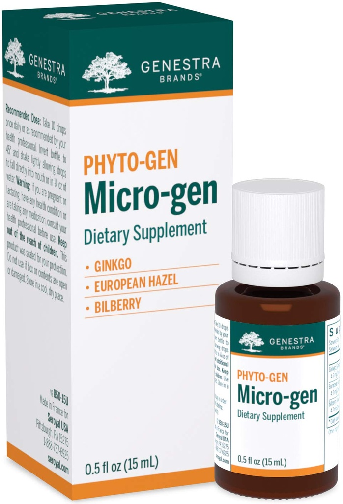 Genestra Brands Micro-gen tención Gingko, European Hazel y Bilberry Herbal Suplemento tención 0.5 fl. oz.