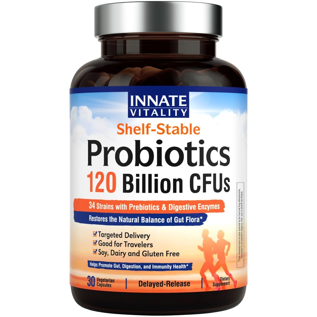 Probióticos de Vitality Innato 120 Billion CFUs for Men &amp; Women, 34 Strains with Prebiotics & Digestive Enzymes, Immune & Digestive Health, Delayed Release, Shelf Stable, 30 Vegan Capsules