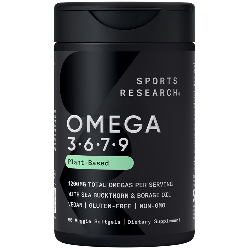 Sports Research® Vegan Omega 3-6-7-9 - 1200 mg de ácidos grasos omega multi-spectrum Certified Non-GMO Fórmula con hebilla de mar y aceite de borrado - 90 Veggie Softgels