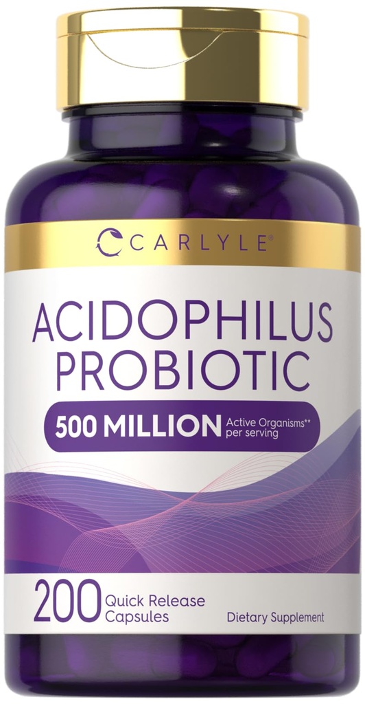 Carlyle Acidophilus Probiotic Capsules for Women and Men TEN 500 Million CFU TENIDO 200 Píldoras TENIDO Lactobacillus Suplemento ANTE No GMO y Gluten Free