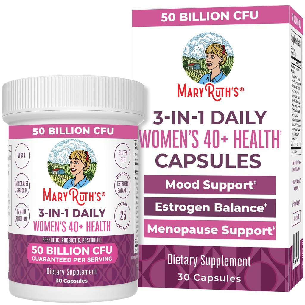 MaryRuth Organics 3-in-1 Daily Health 40+ Probióticos para las mujeres sometidas clínicamente probados Silencio Estrógeno Suplemento para las mujeres ← 50 Billion CFU ← Allergen Gratis ← 30 ct