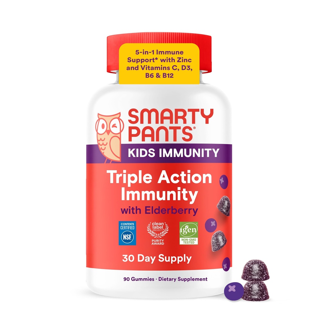SmartyPants Kids Immunity Elderberry Gummies: Kids Immune Support Supplement, Vitamina C, Vitamina D, Vitamina B6 &amp; B12 y Zinc, Gluten Free, Elderberry Flavor, 60 Cuenta (30 Day Supply)