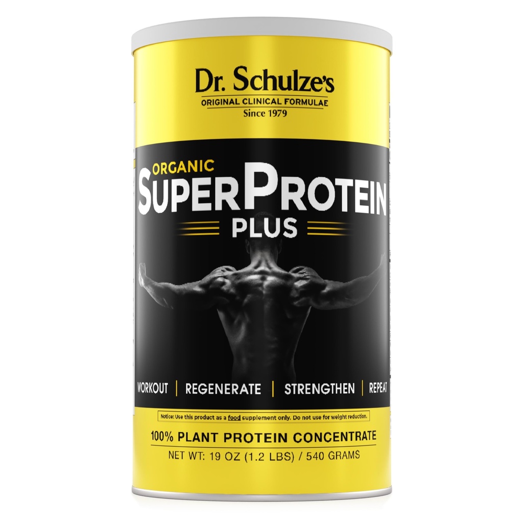 Dr. Schulze's ← SuperProtein Plus ← 100% Plant Protein Concentrate Silencio Orgánica Powder Mix ← Vitamina B-12 &amp; Spirulina ← Suplemento dietético ← Construir Fuerte Muscle Silencio Enhance Workout Recovery ← 19 Oz.