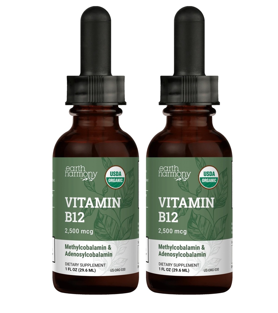 USDA Vitamina Orgánica B12 2000mcg Sublingual Liquid Supplement (2-Pack) - Vegan Methylcobalamin Drops for Natural Energy, Maintain Metabolism, and Immune System Support - 1 Fl Oz