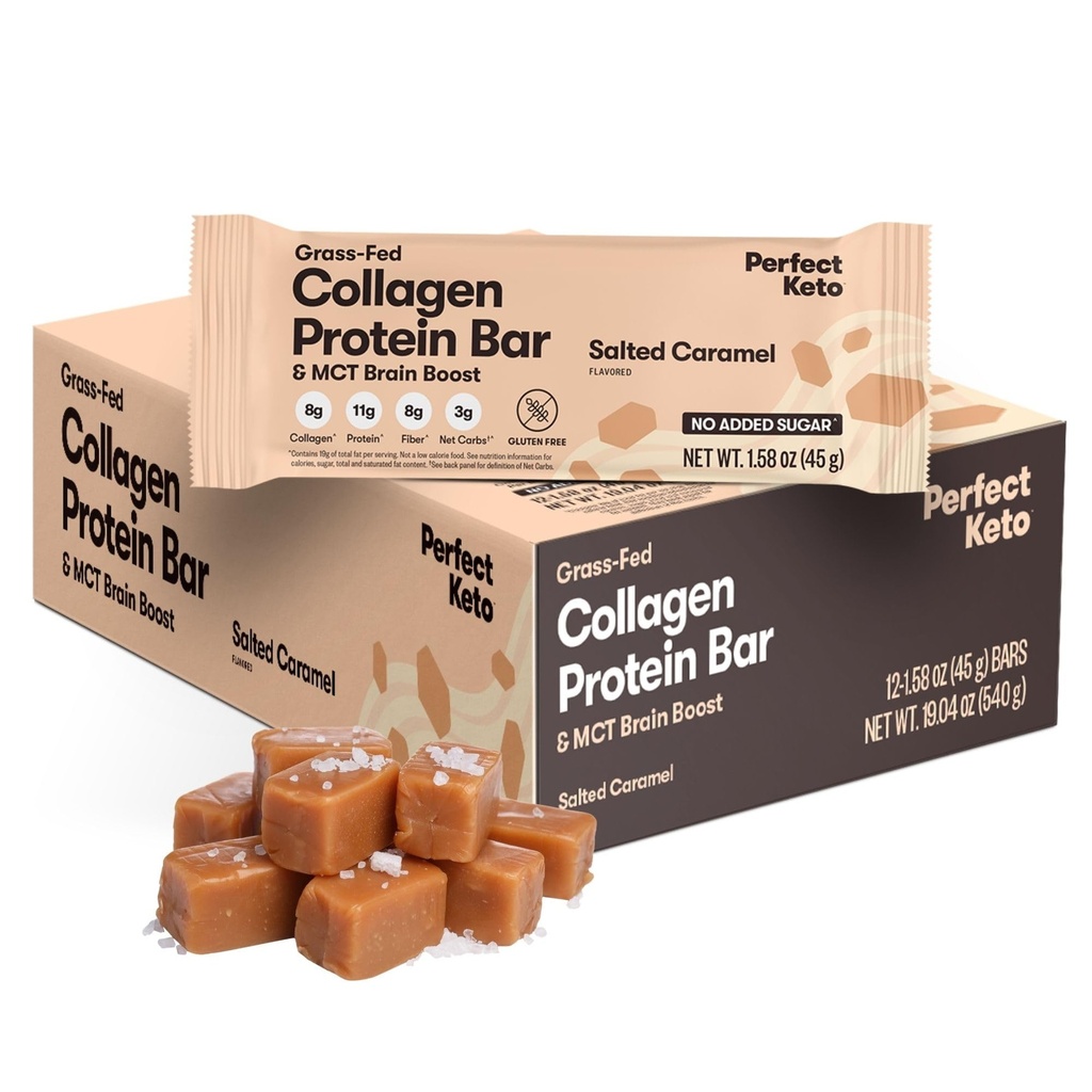 Bares de Keto perfectos - Los más limpios Keto Snacks con Collagen y MCT. No Añadido Azúcar, Keto Diet Friendly - 3g Net Carbs, 19g Fat,11g Protein - Diet Food Dessert (Salted Caramel, 12 Bares)