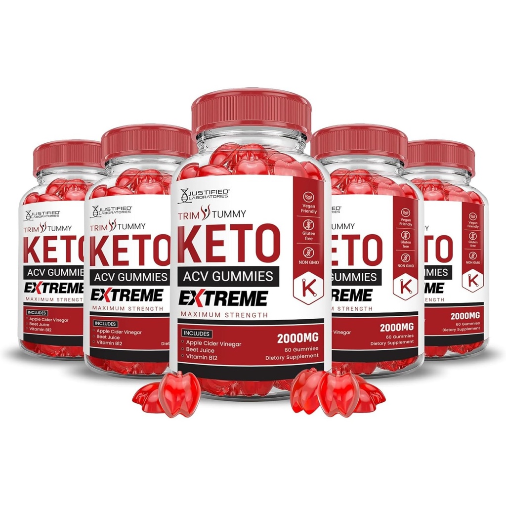 Laboratorios Justificados (5 Pack Trim Tummy Keto ACV Gummies Extreme 2000MG Trim Tummy Keto Gummies Apple Sider Vinegar Formulado con Powder Pomegranate Beet Juice B12 Vegan No GMO 300 Gummys