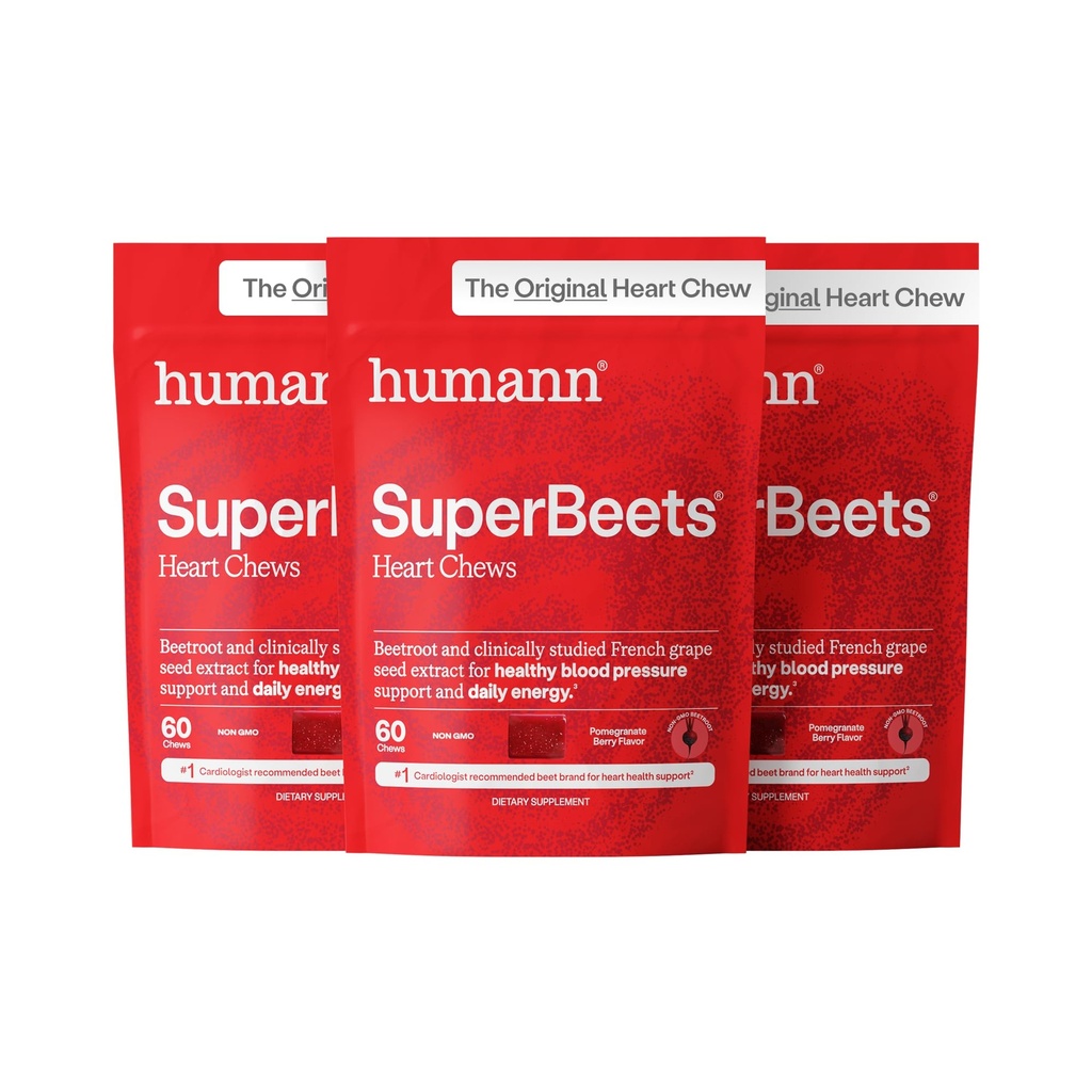 HumanN SuperBeets Heart Chews, Nitric Oxide and Blood Pressure Support, Grape Seed Extract " Non-GMO Beet Root Powder Energy, Pomegranate Berry Flavor, 180 Count
