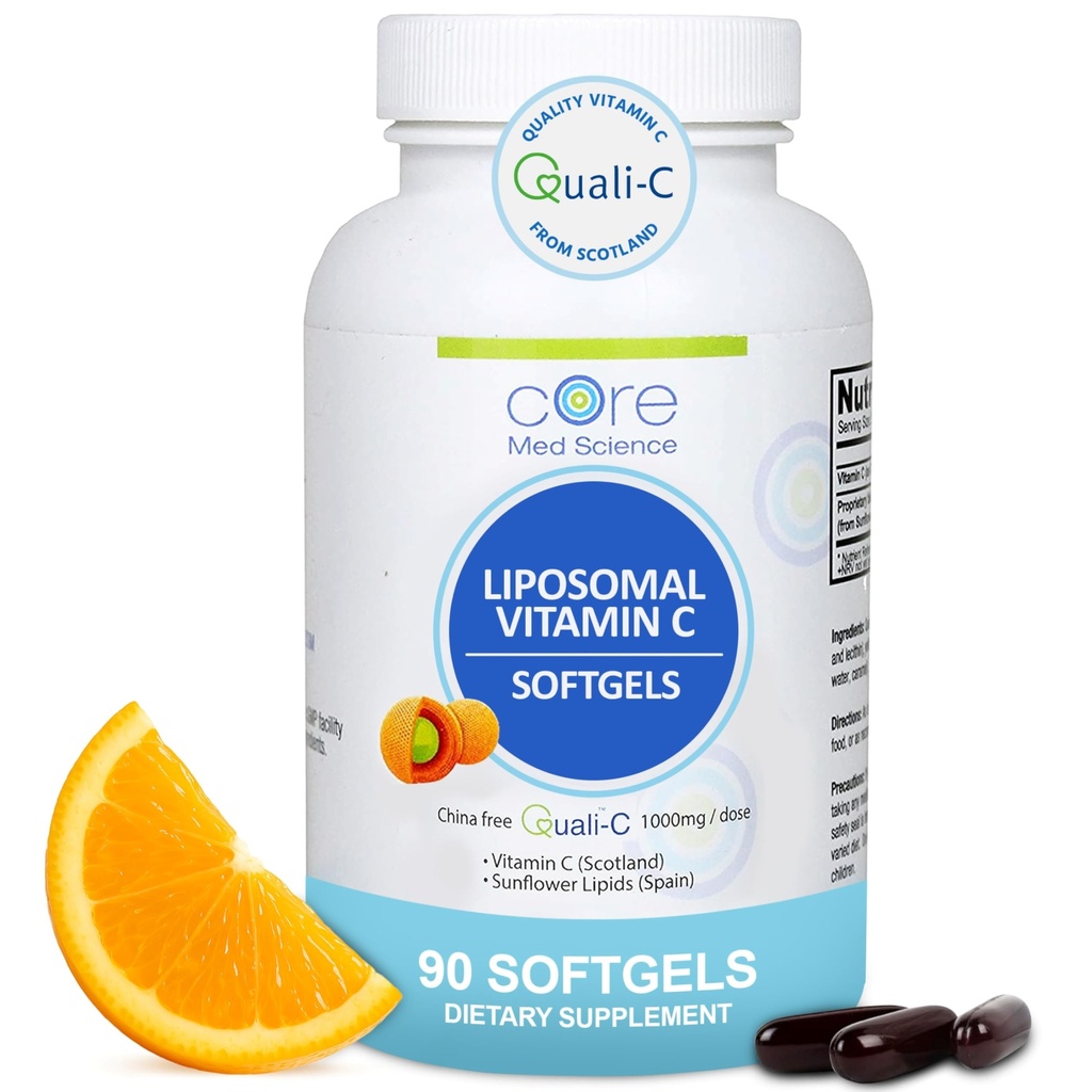Vitamina Liposómica C 1000mg por Core Med Science, 90 Softgels - Suplemento Liposómico Natural no GMO que promueve la piel sana - Booster de sistema inmunitario para adultos, apoya la formación del colágeno