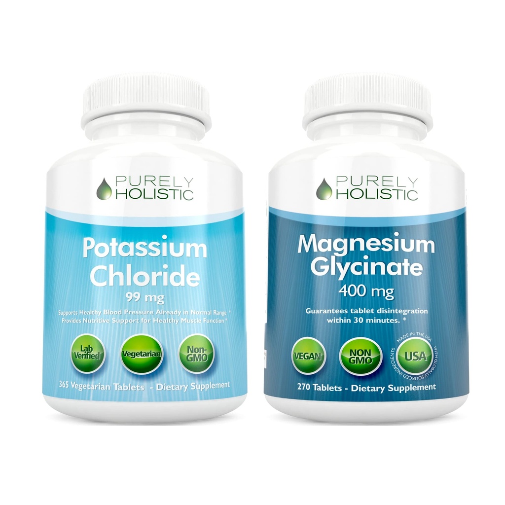 Potasio Chloride 99mg + Magnesium Glycinate 400mg - 365 + 270 Tablets - Vegetarian Bundle - Made in USA