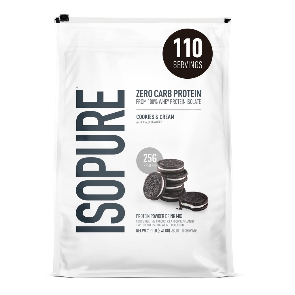 Isopure Zero Carb 100% Pure Whey Isolate Protein Powder, Lactose Free, Gluten Free, with Vitamins, Cookies &amp; Cream, 25g Protein Por Serving, 7.5 Lbs, 110 Servings (Packaging May Vary)