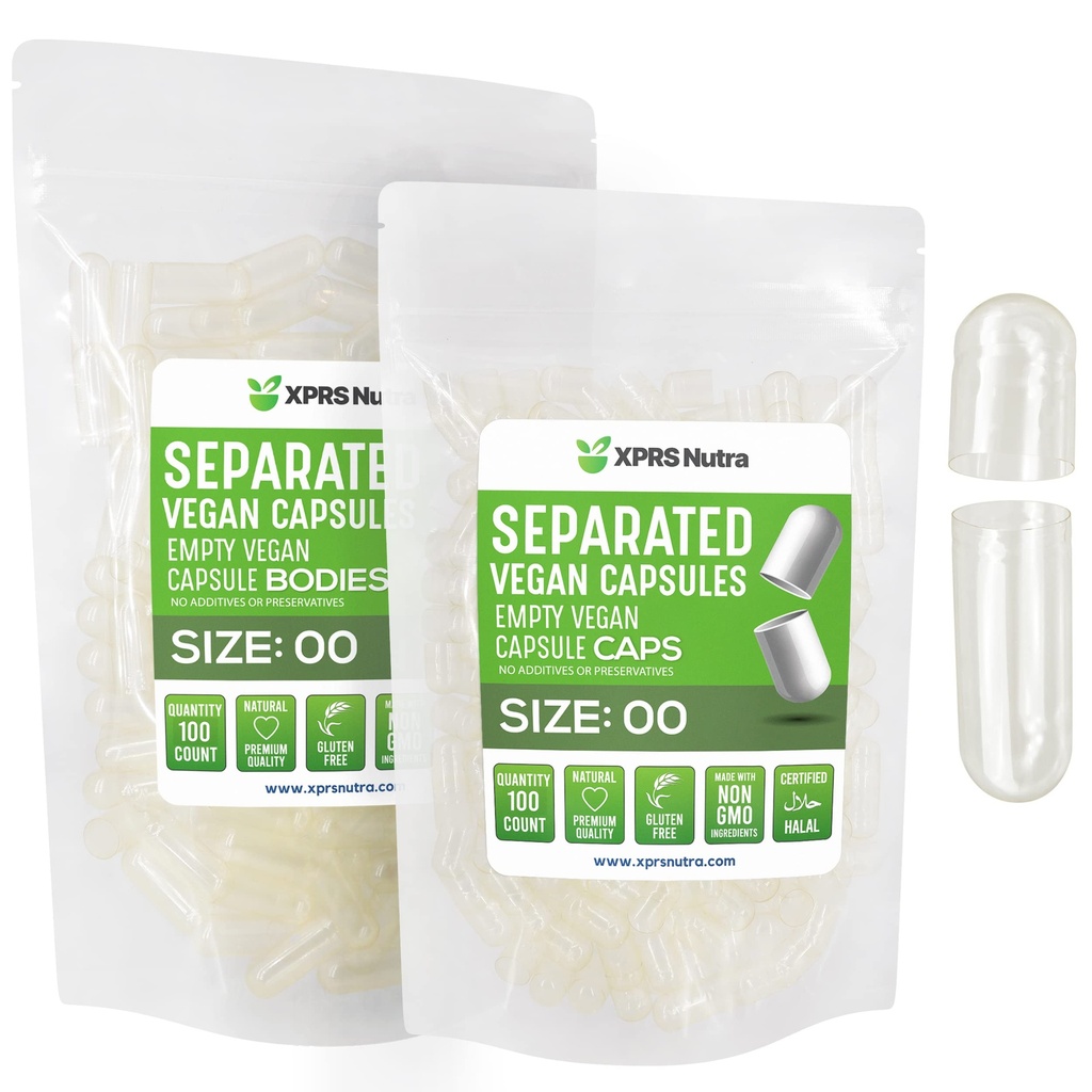 XPRS Nutra Vegan Talla 00 cápsulas separadas - 100 conde transparentes cápsulas de vacío Premium Separados en bolsas - 00 pastillas vacío para relleno de suplementos de bricolaje