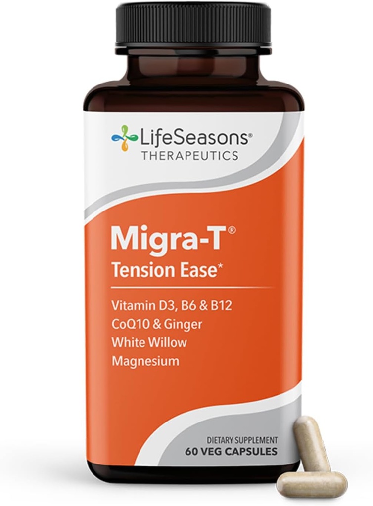 LifeSeasons Migra-T with Relieve-R PM - Migraine Prevention &amp; Relief Supplement - Supports Severe Headaches - Reduces Light Sound " Odor Sensitivity - Feverfew, White Willow, Magnesium Ginger " CoQ10