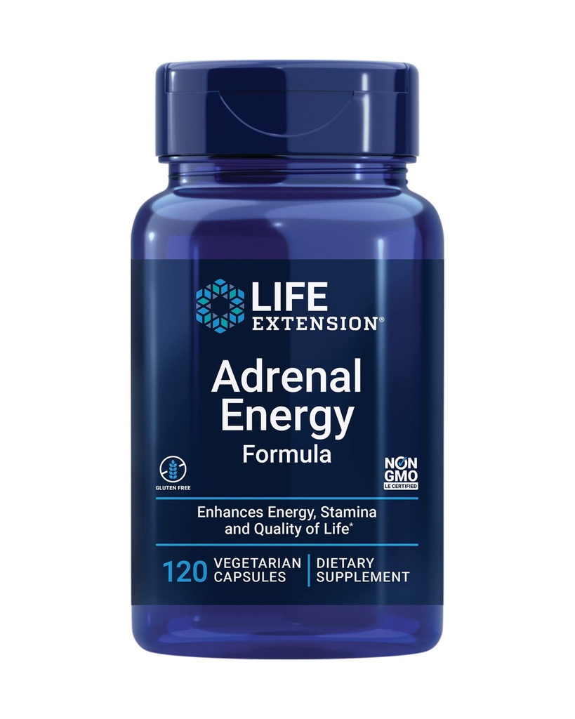 Extensión de la vida Fórmula de Energía Adrenal, Ayuda a inhibir los efectos de la tensión, Basil santo, cordones, bacopa y ashwagandha, Gluten Free, Non-GMO, Vegetarian, 120 cápsulas