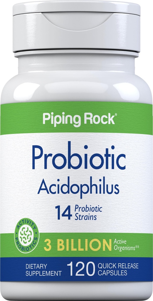 Piping Rock Probiótico Acidophilus Capsules for Women and Men TEN 3 Billion Live Cultures TEN 120 Pills Silencio 14 Strains Supplement TEN Non-GMO, Gluten Free