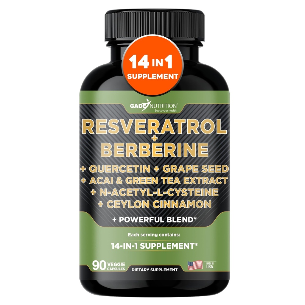 Gade Nutrition Resveratrol Berberine Quercetin Grape Seed Extract Green Tea Extract N-Acetyl Cysteine - 14 in 1 Complex Supplement for Women &amp; Men with Potent Antioxidants - Made in USA