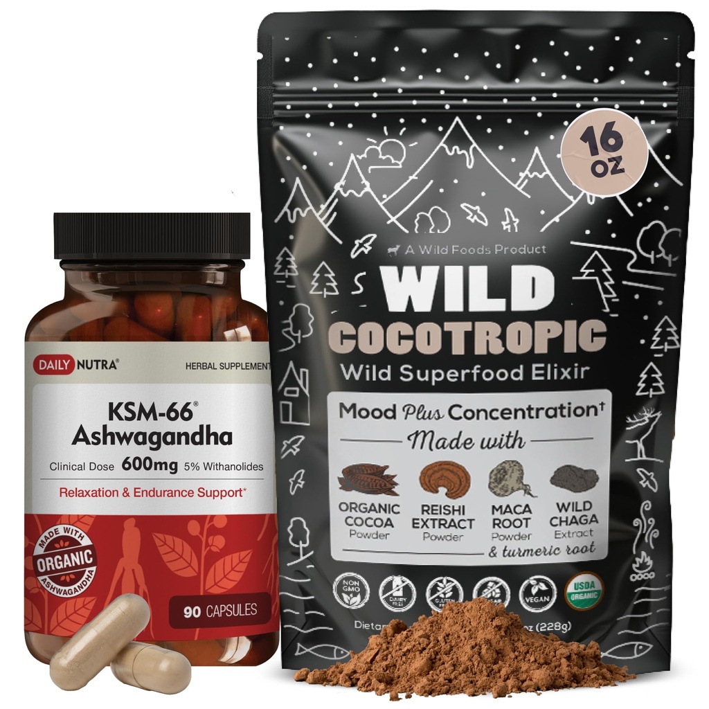 DailyNutra KSM 66 Ashwagandha (90 Capsules) y Mushroom Cacao Mix (16oz) Bundle for Relaxation and Focus