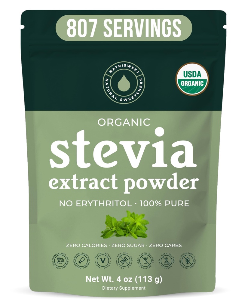 Orgánica 100% puro Stevia Powder, 4 oz, Satisfies Sweet Cravings, Menores niveles de azúcar en sangre para la diabetes, Bulk Powdered Stevia Extracto Sweetener for Better Baking & Beverages, 800+ Servings by NatriSweet