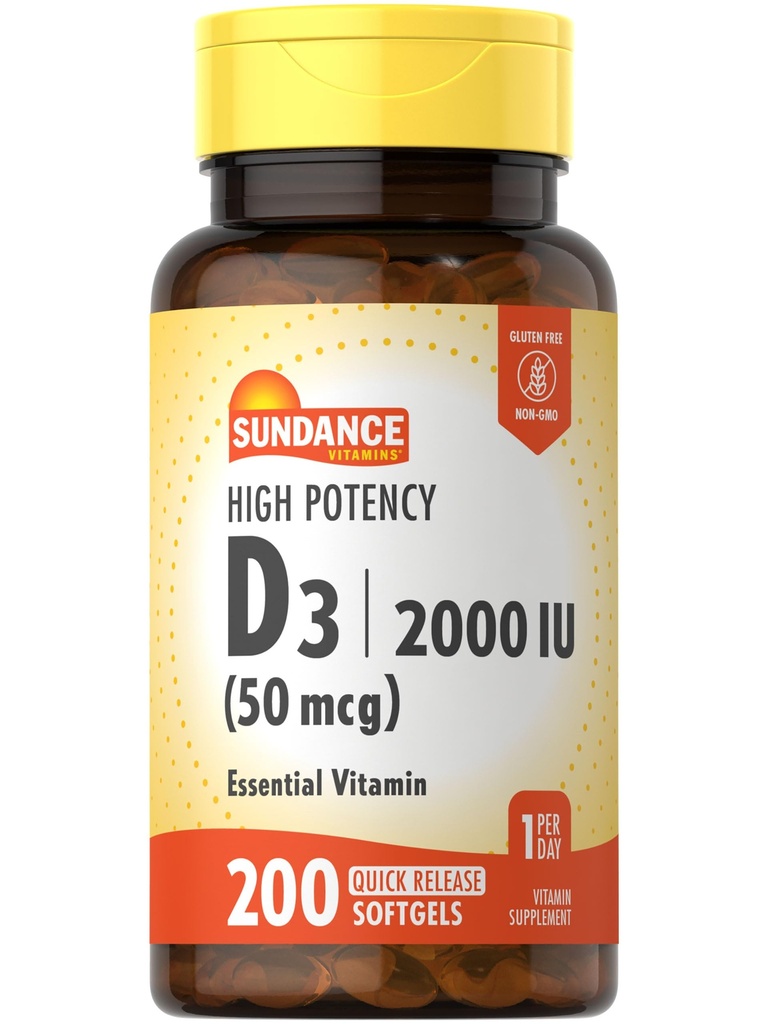 Sundance High Potency D3 2000 UI ← 200 Quick Release Softgels ← Essential Vitamin Fórmula