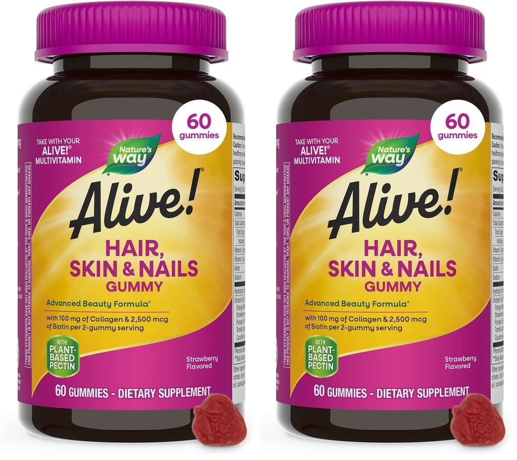 ¡La naturaleza está viva! Pelo, Esquín " Mangas de uñas, Fórmula de Belleza Avanzada*, con Biotina y Collagen, Flavorado de Fresa, 60 Gummies (Packaging May Vary) (Pack of 2)