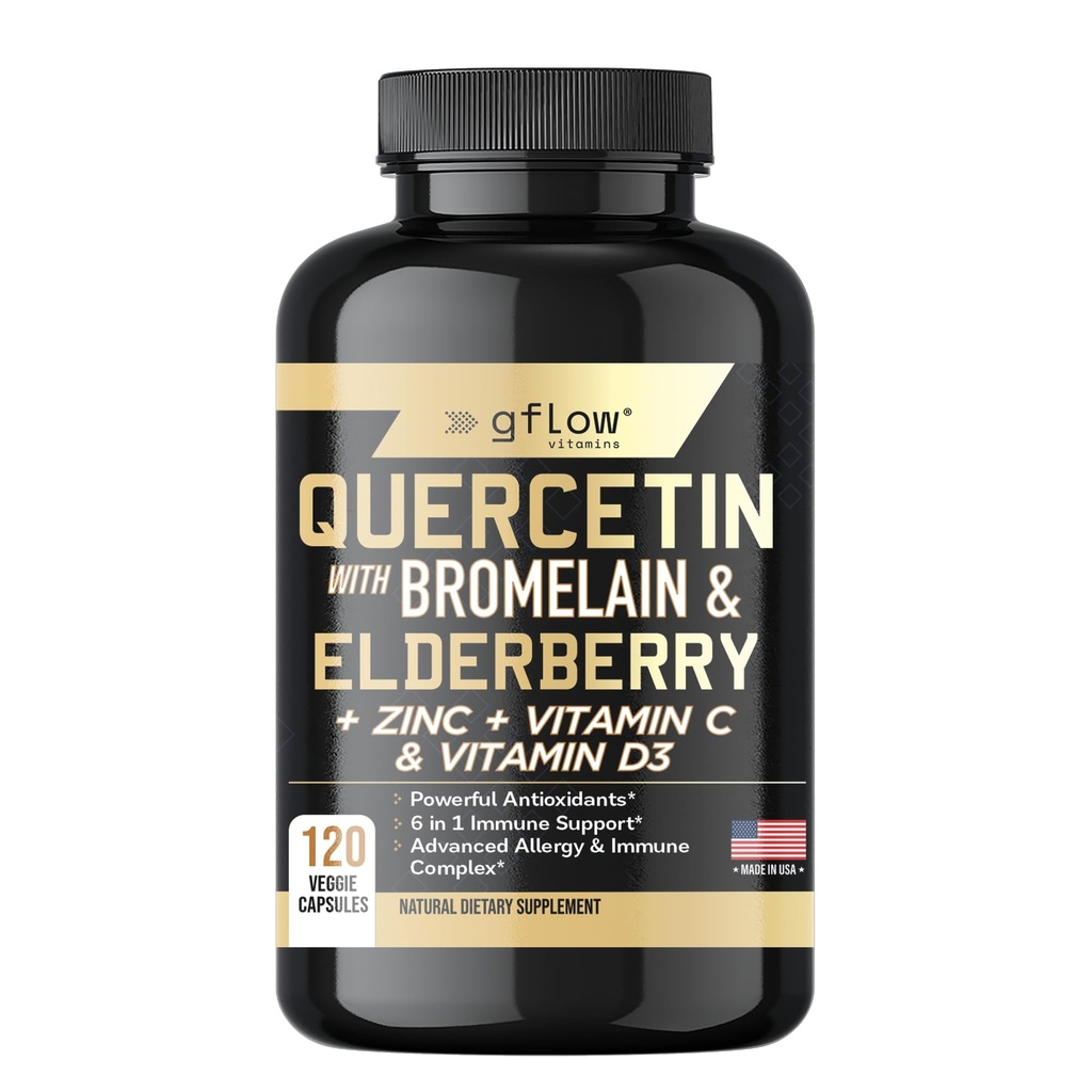 Quercetina con bromelaina Zinc Vitamina C Vitamina D Elderberry - 120 Veggie Capsules, Non-GMO, Gluten-Free ¦ Immune Support Suplemento TEN Made in USA ← 2 Months Supply