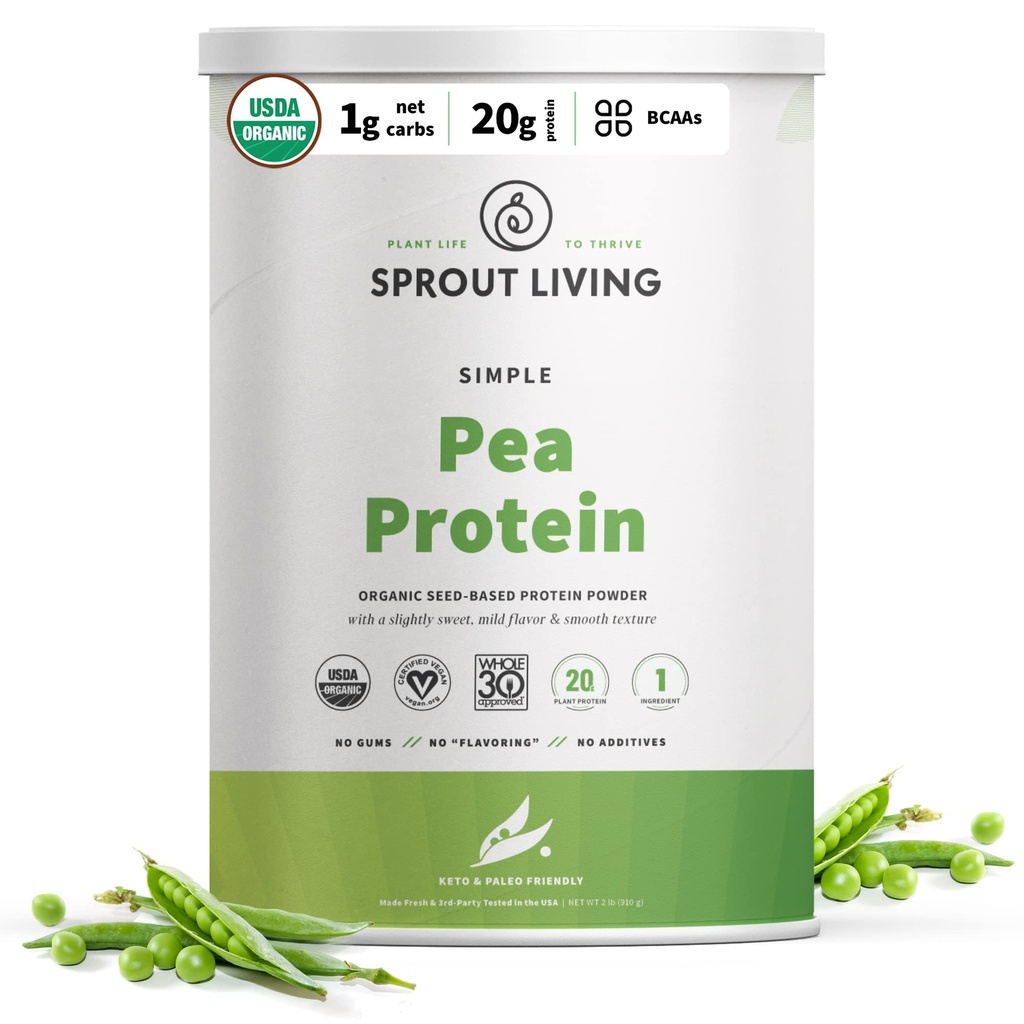 Sprout Living Organic Pea Protein Powder, Unflavored, 20 Grams of Plant Based Organic Protein Powder Without Artificial Sweeteners, Non Dairy, Non-GMO, Vegan, Gluten Free (2 Libra, 38 Servings)