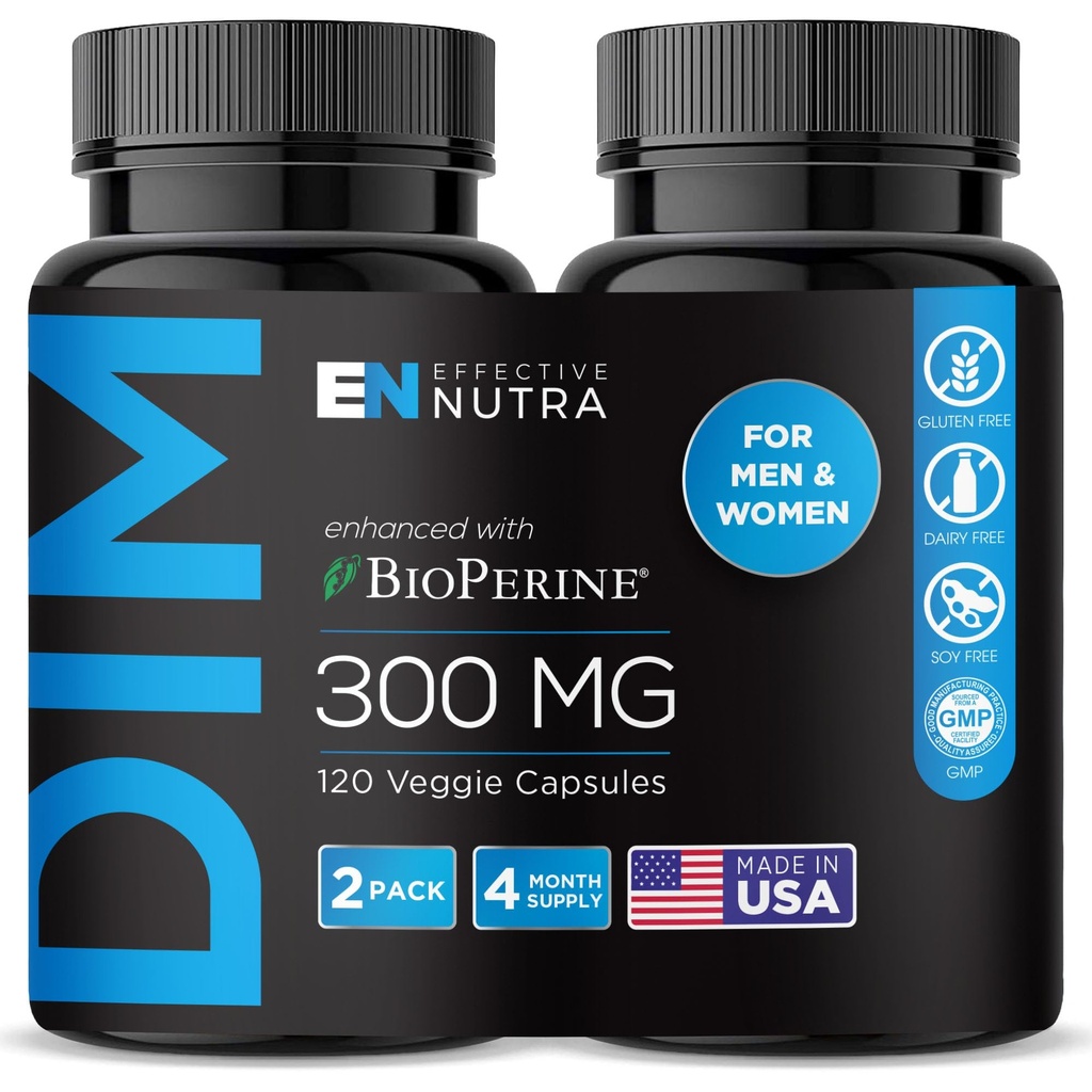EFFECTIVE NUTRA Dim Supplement 300mg with BioPerine - Extra Strength Estrogen Blocker for Men &amp; Women - Hormone & Metabolism Support - 4 Month Supply