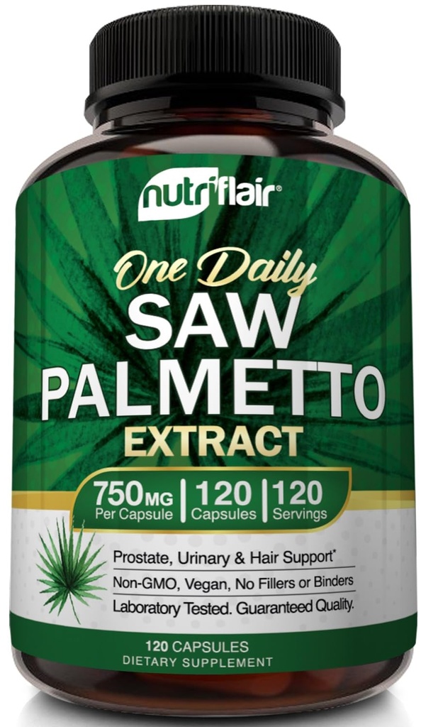 NutriFlair Saw Palmetto Extract 750mg, 120 cápsulas - Suplemento Natural de Prostata &amp; Berry Health Support - Ayuda a Bloquear DHT para prevenir la pérdida y ayuda a reducir la orina frecuente, para mujeres y hombres