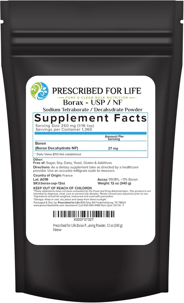 Prescrito para Life Borax Powder, Pure USP NF Grade All Natural Sodium Borate Powder, Household Lavandería Booster, Slime Activador &amp; Multipropósito de Limpieza (12oz / 340g)