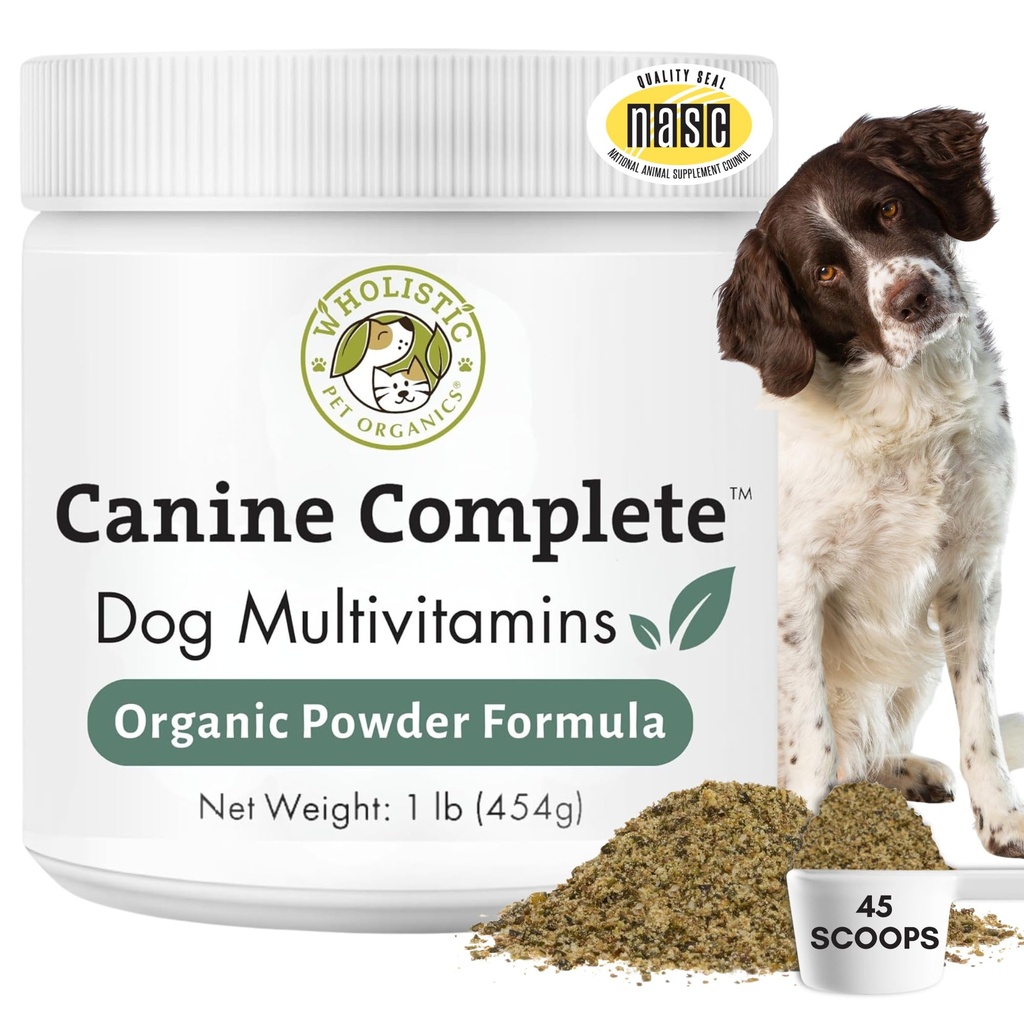 Orgánicas Wholistic Pet Orgánicas Canine Completa - Pólvora Multivitamínica Perro - 1 Lb - Vitaminas y Suplementos diarios para alimentos caseros - Sistema de inmune, Esquía, Carne &amp; Salud general - Pequeña y Gran Gancho