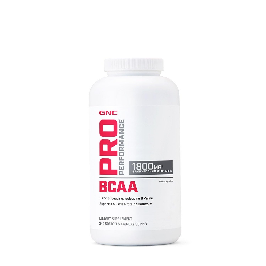 GNC Pro Performance BCAA 1.8g, 3er Parte Tested Suplemento para Hombres &amp; Mujeres, Aminoácidos de Cadena Sustituida, Aminoácidos Esenciales Soporta Muscle Protein Synthesis, 240 Softgels, 40 SVG