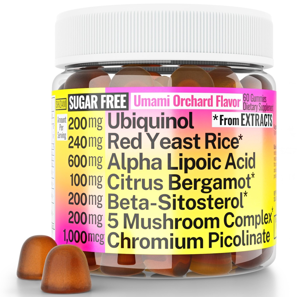 Levadura roja arroz alfa lípoico Ubiquinol CoQ10 Citrus Bergamot Beta-Sitosterol Chromium Picolinate Sugar-Less Gummies w Lion's Mane Turkey Tail Reishi Cordyceps Chaga, Pills Capsules Suplemento Alt