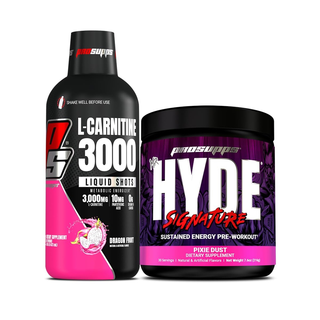 PROSUPPS L-Carnitine 3000 Stimulant Free Liquid Shots (31 Servings, Dragon Fruit) y Mr. Hyde Signature Series Pre-Workout Energy Powdered Drink (30 Servings, Pixie Dust) Bundle