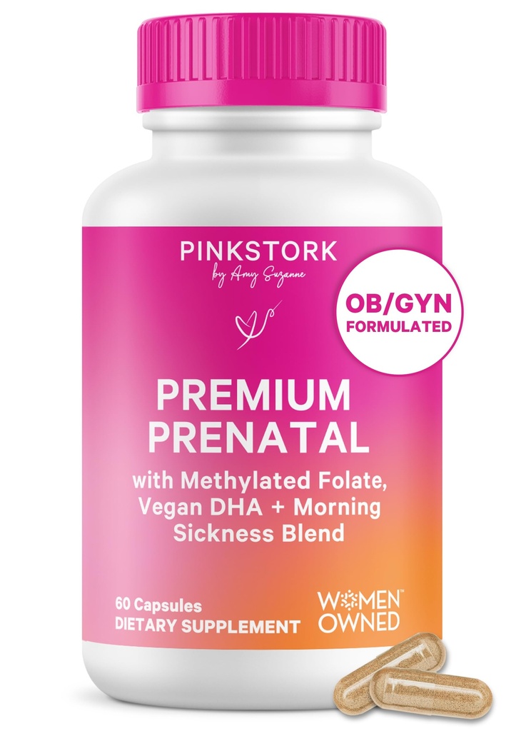 Pink Stork Premium Vitamina Prenatal para Mujeres - Ingredientes orgánicos enteros de alimentos, multivitaminas " Probióticos - Enfermedad matutina, Digestión, " Energía - Folate, B6, " Hierro - 60 cápsulas