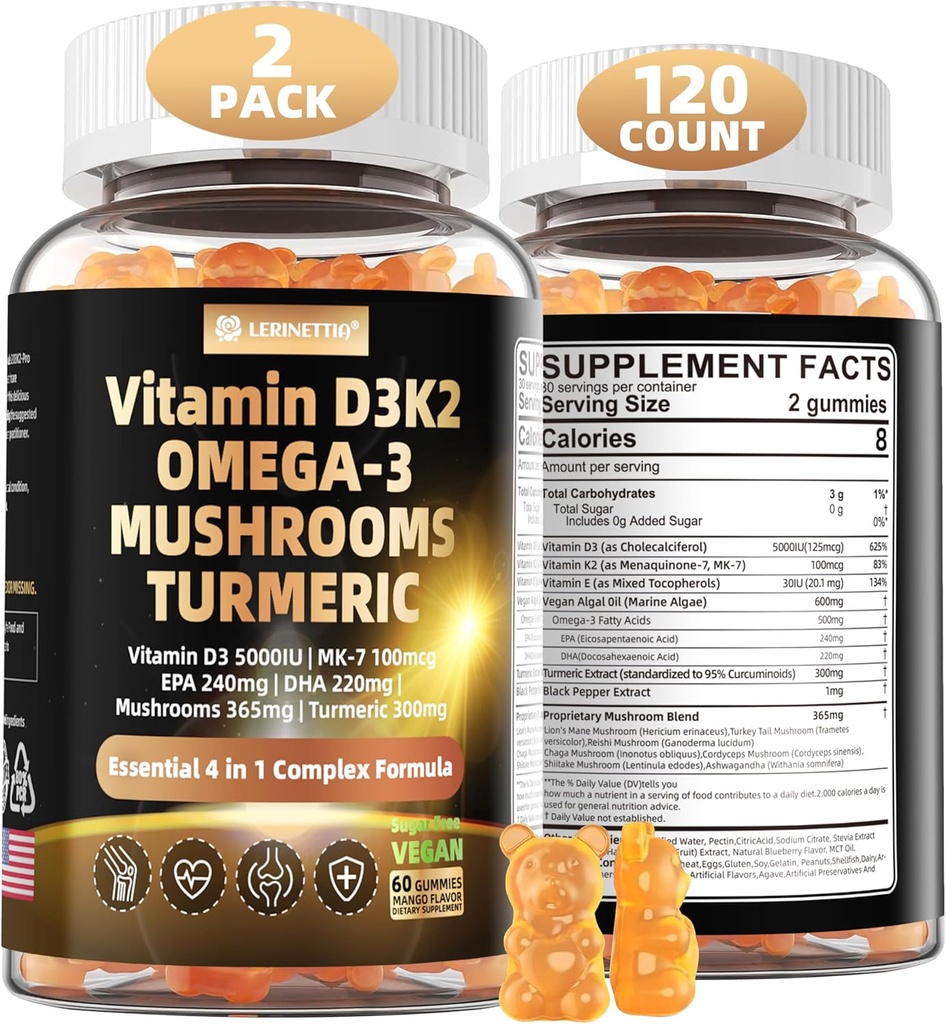 Vitamina D3 5000iu(125mcg) + Vitamina K2(MK7) Gummies with Algae Omega 3 ← Maximum Strength Vitamin D3+K2 Silencio para Bone, Dientes, Energía, Immune, Calcium Absorption - Vegan, Sugar Free,120Ct