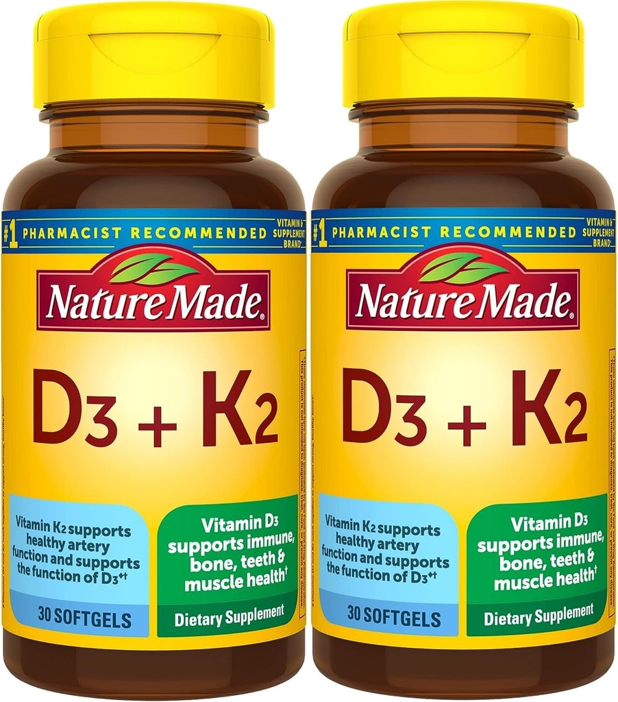 Vitamina D3 K2, 5000 UI (125 mcg) Vitamina D, Suplemento dietético para el Hueso, Dientes, Musculo y Apoyo a la Salud Inmune, 30 Softgels, 30 Day Supply - Pack de 2