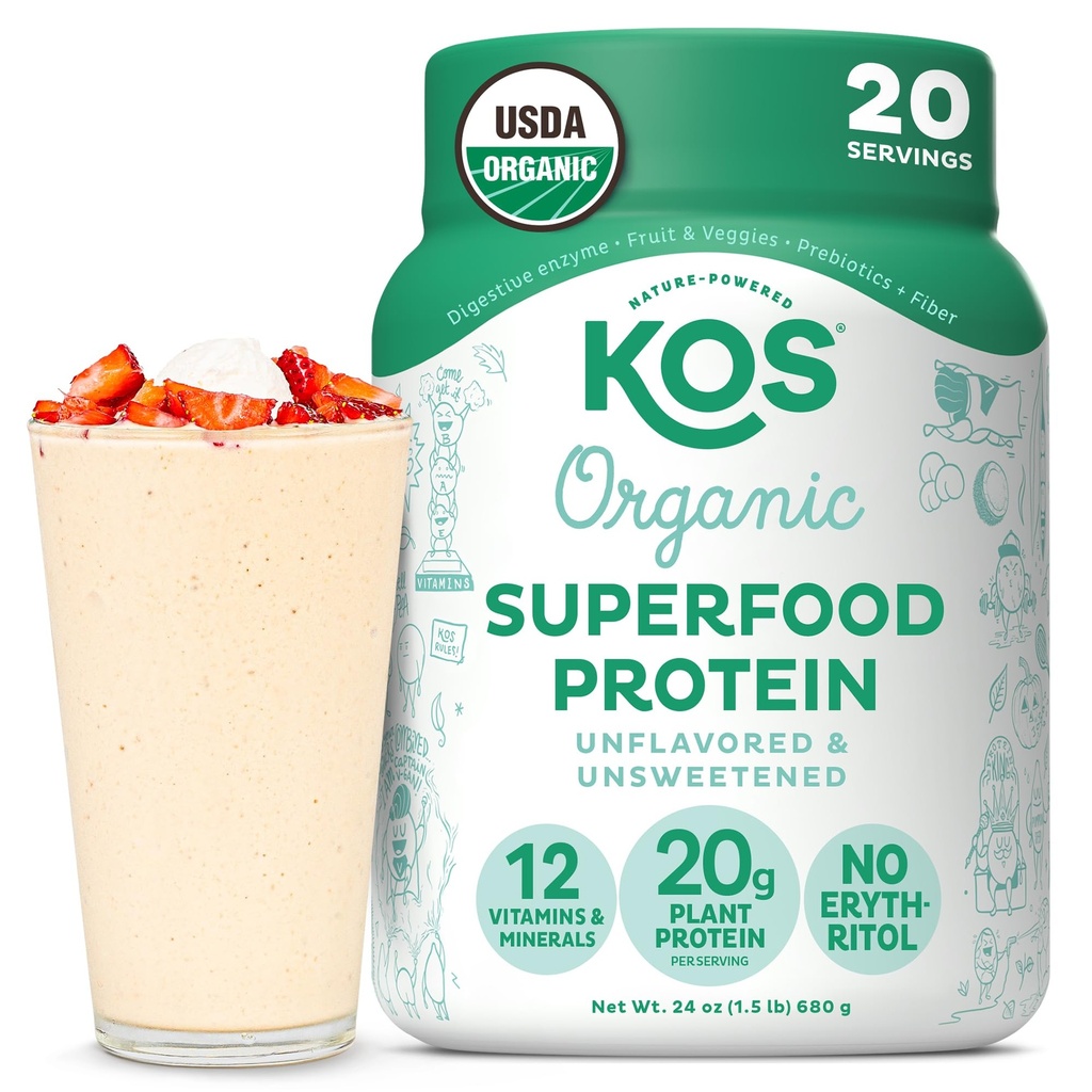 KOS Vegan Protein Powder, Unflavored & Unsweetened - Low Carb Pea Protein Blend, Ecológico Superfood Rich in Vitamins & Minerals - Keto, Soy, Dairy Free - Meal Replacement for Women &amp; Hombre - 20 Servings