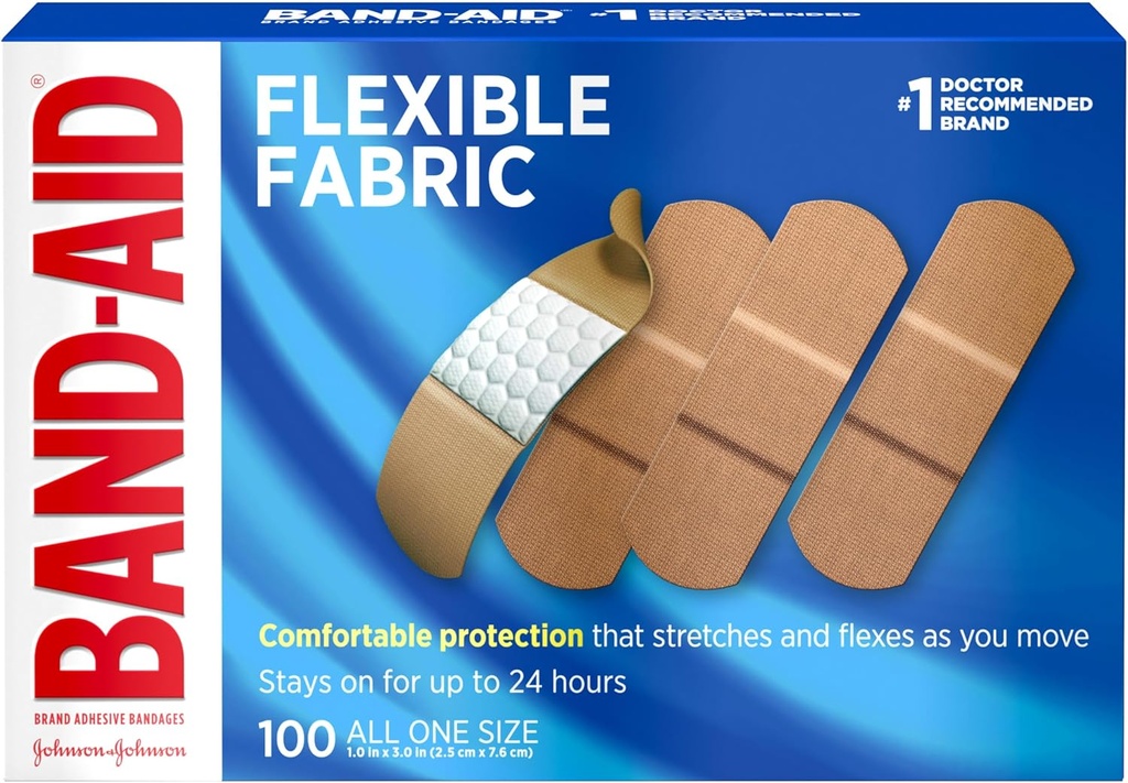 Tela flexible de la marca de la banda Bandas adhesivas estériles, Cómodo cuidado de la herida cubierto " Protección para cortes menores, raspas " quemaduras, primeros auxilios, Pad de confort libre de daños, una talla 1x3 En, 100 cuenta