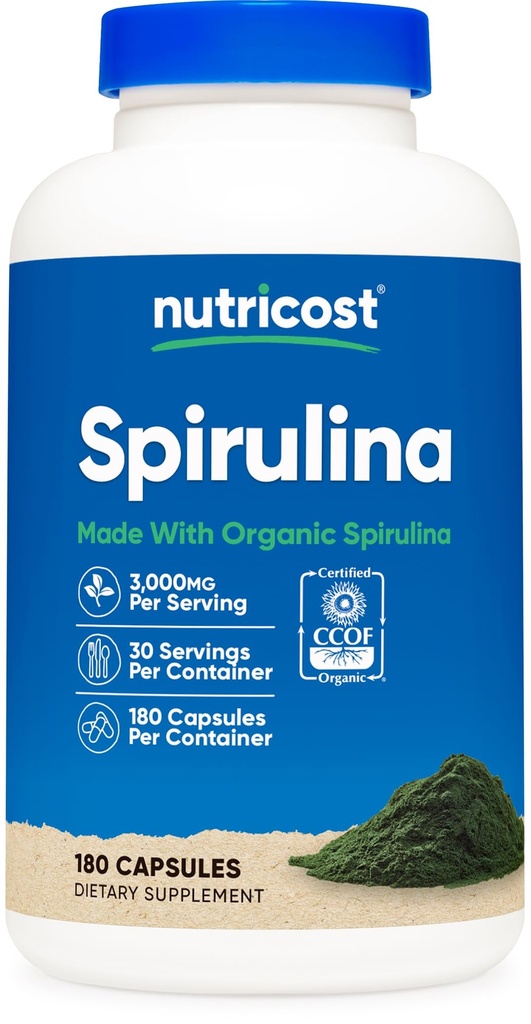 Nutricost Spirulina 3000mg, 180 Capsules for 30 Servings - CCOF Certified Made with Organic Spirulina, Gluten Free, Vegetarian