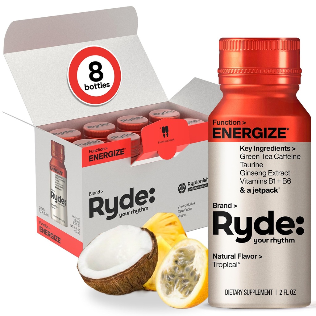 Ryde: Energize Shot ¦ Tropical Flavor ← Green Tea Caffeine, Taurine, Ginseng Extract " B Vitamins TENER 0 Calories, 0 Sugar TEN 2 FL OZ Shots ANTERI Boost energy* (8 Pack)