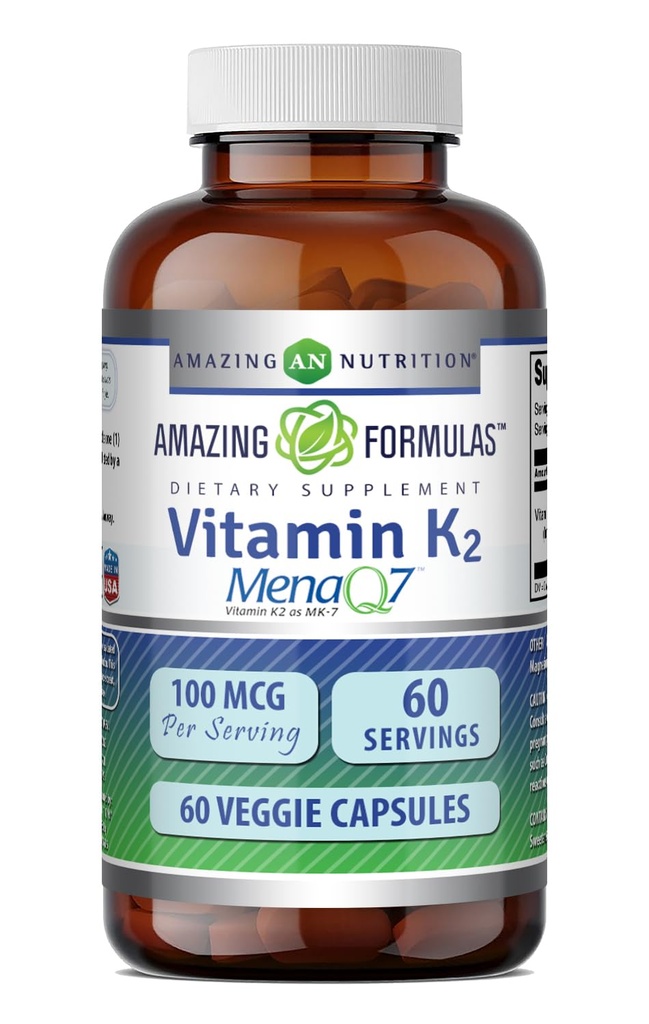 Fórmulas asombrosas Vitamina K2 Menaq7 MK7 Suplemento TENIDO 100 Mcg ANTE VÍGICA Cápsulas Silencio No-OMM ANTE Gluten Gratis Silencio Made in USA (1 Pack, 60 Cuenta)