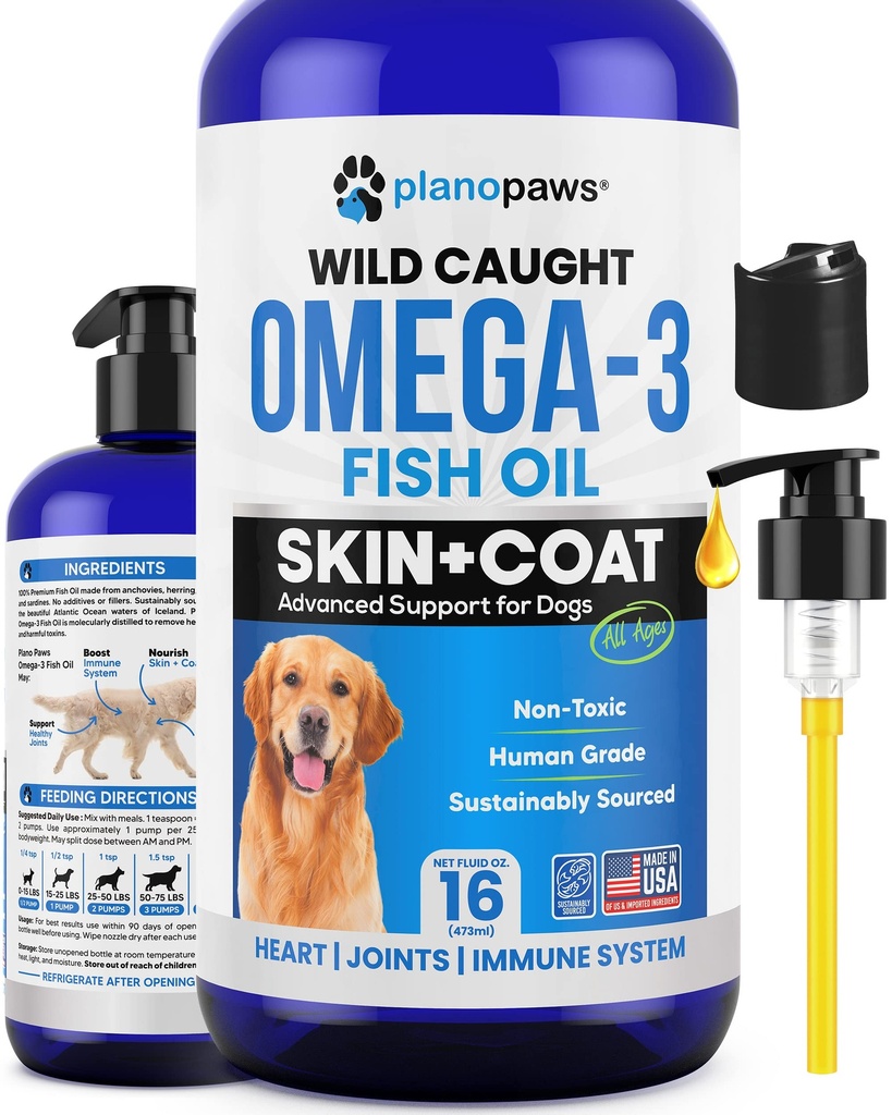 Omega 3 aceite de pescado para perros - Mejor que el aceite de salmón para perros - Suplemento de aceite de pescado para perros - Reducir la ropa de cama &amp; picazón - Soportes Juntas, Cerebro, Corazón de la piel y el suplemento de la carne - Petróleo de pescado líquido