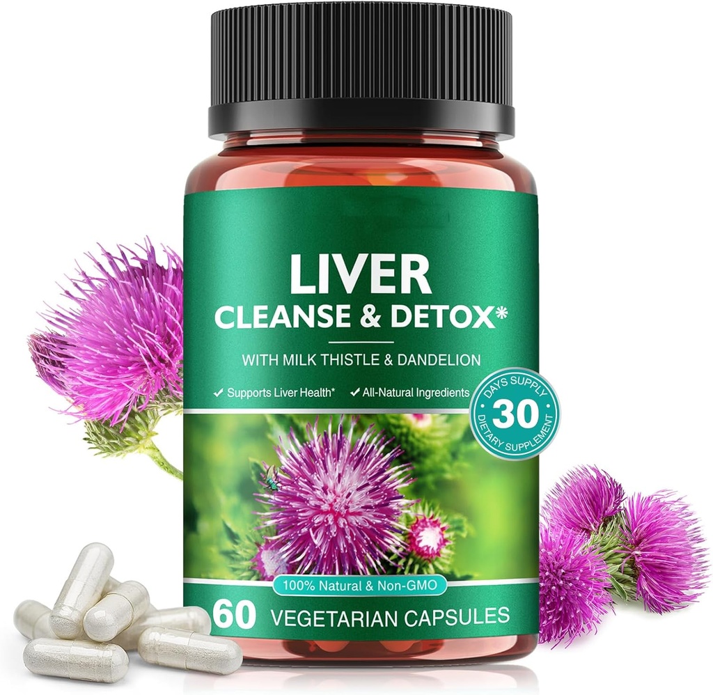 Liver Cleanse & Detox Pills for Liver Health Repair - with Milk Thistle Extract, Dandelion Root, Ginger, Beetroot Powder & Vitamins - Natural Liver Support, 60 Vegan Capsules