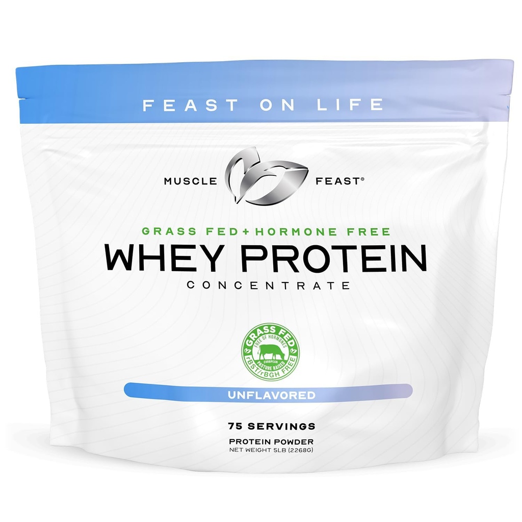 Muscle Feast Grass-Fed Whey Protein Concentrate Powder, All Natural, Hormone Free Pasture Raised Whey Protein Powder for Women &amp; Men, Clean, Non-GMO & Gluten Free Whey Concentrate - Unflavored, 5lb