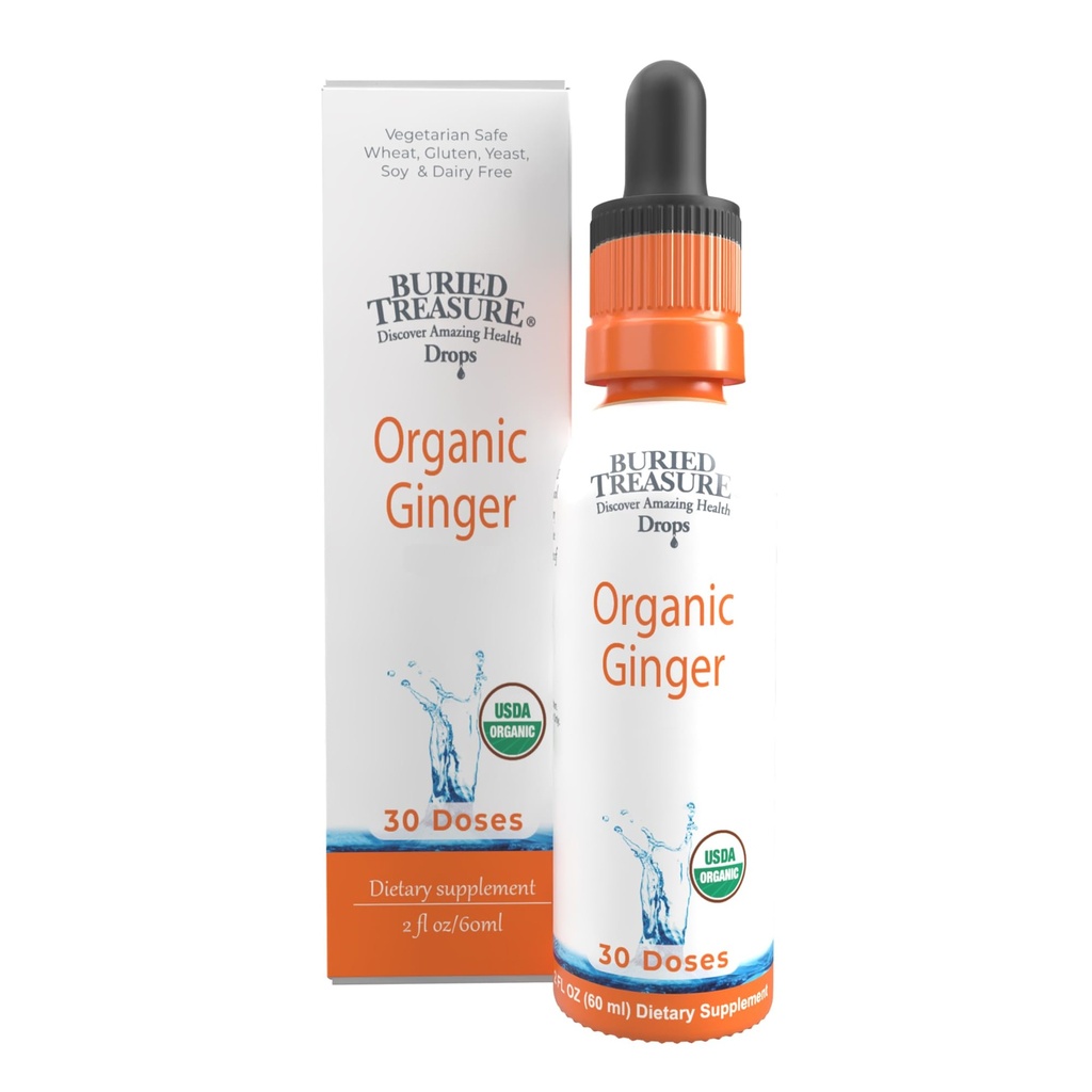 Tesoro enterrado gotas de jengibre - Hecho con raíz de jengibre orgánica para soporte digestivo, submarinas de estómago, sin azúcar, alcohol libre, uso versátil para té de jengibre o consumo directo, 30 servicios