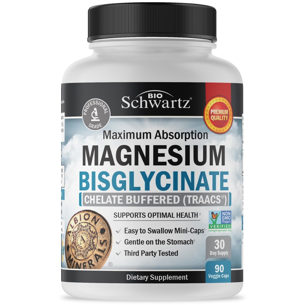 Magnesium Bisglycinate 100% Chelate No-Laxative Effect - Maximum Absorption & Bioavailability, Fully Reacted &amp; Buffered - Healthy Energy Muscle Bone & Joint Support - Non-GMO Project Verified - 90 ct