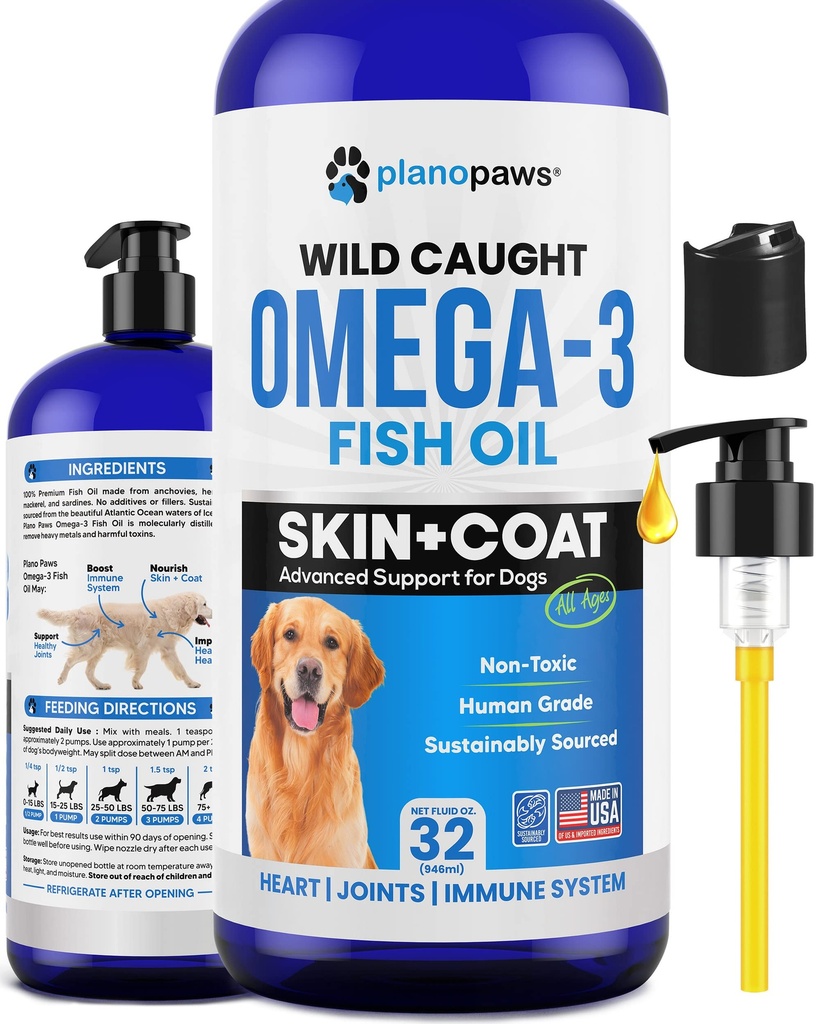 Omega 3 aceite de pescado para perros - Mejor que el aceite de salmón - Petróleo de pescado para perros suplemento para reducir la cama &amp; picazón - Soportes Juntas, cerebro y salud del corazón - Suplemento de piel y carne - Aceite de pescado líquido