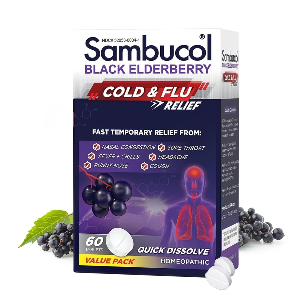 Sambucol Cold and Flu Relief Tablets - Homeopática de Medicina Fría, Remedio frío para adultos, Black Elderberry for Colds, Zinc Cold Remedy - 60 Conde