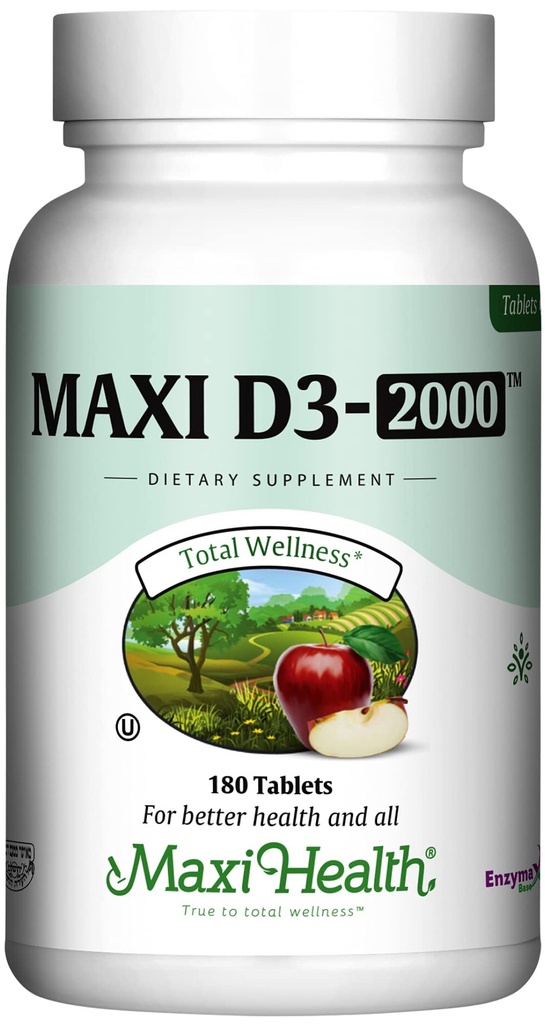 Maxi Health Kosher Vitamina D3 2000IU - Highly Absorbable Vitamina D Suplementos para la respuesta saludable de los inmunes, la absorción de calcio, la salud de los dientes y los huesos - D3 Vitamina 2000 UI -180 Tabletas